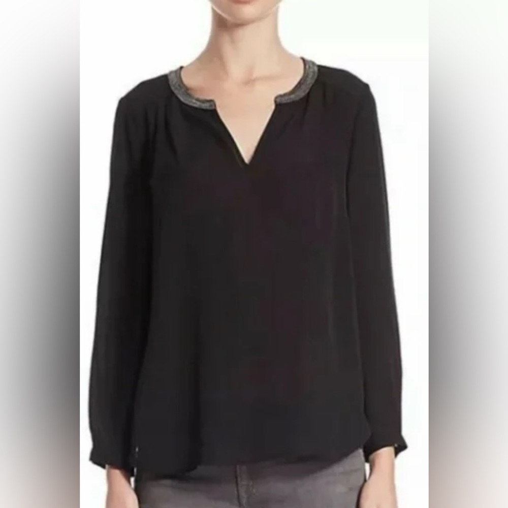Joie LS Black Silk with Collar Beading Detail Pullover Blouse L